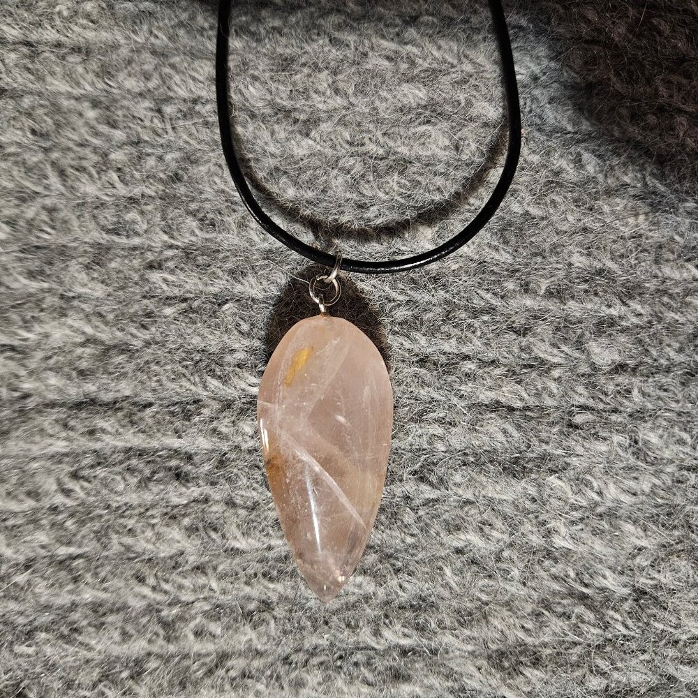 Rose quartz gemstone/crystal, large pendulum pendant, black cord, artisan, new